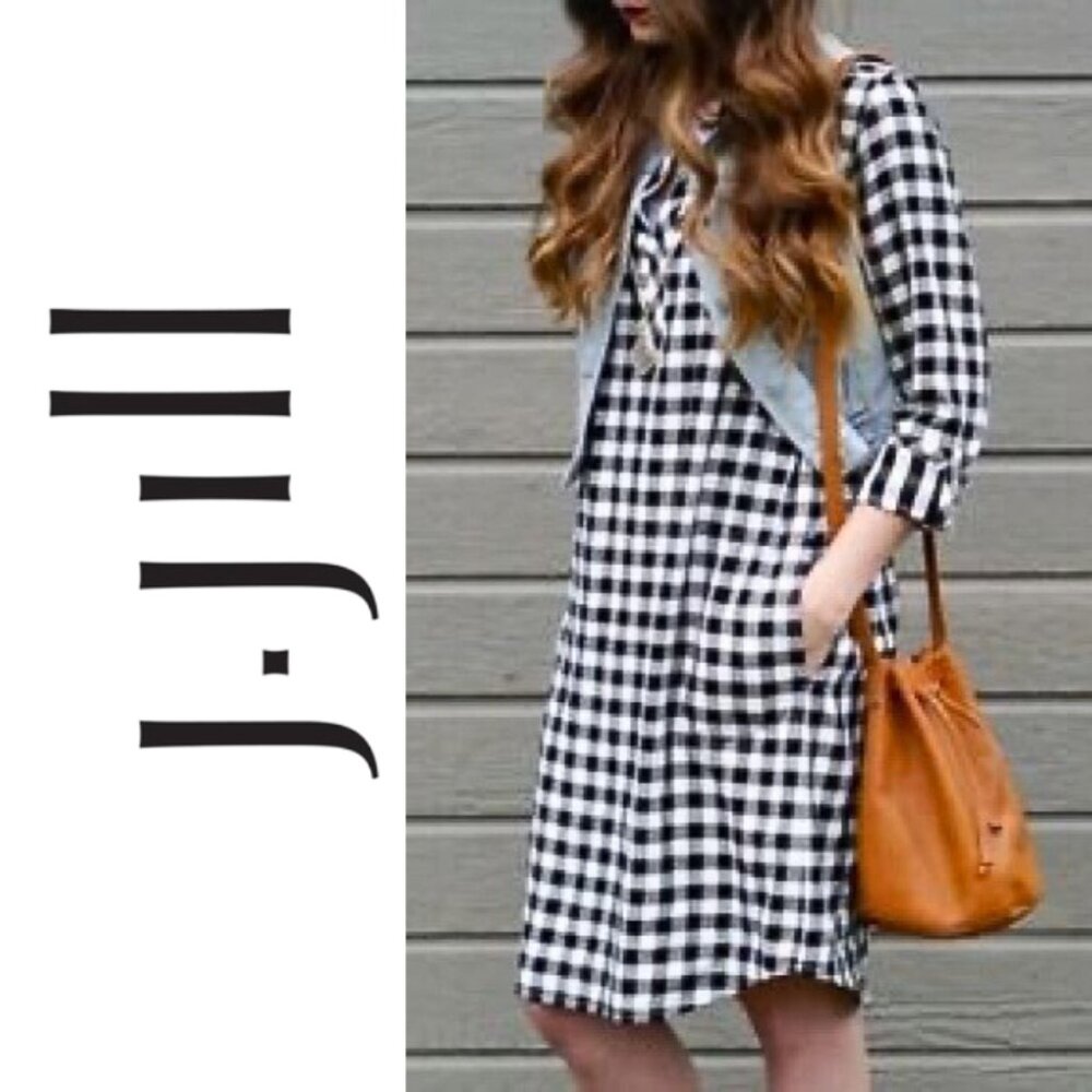 J. Jill, Buffalo Plaid Gingham Collared Long Sleeve Tunic Dress, Black, White XL